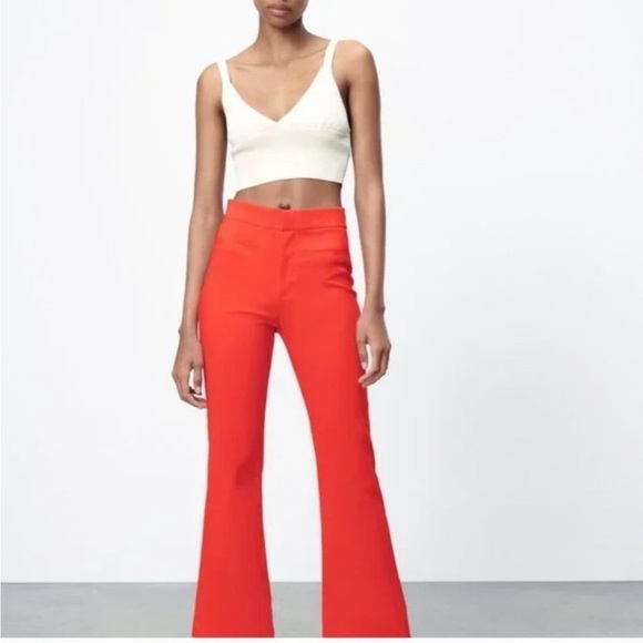 Zara Mini Flare Cropped In Intense Coral - Picture 1 of 9